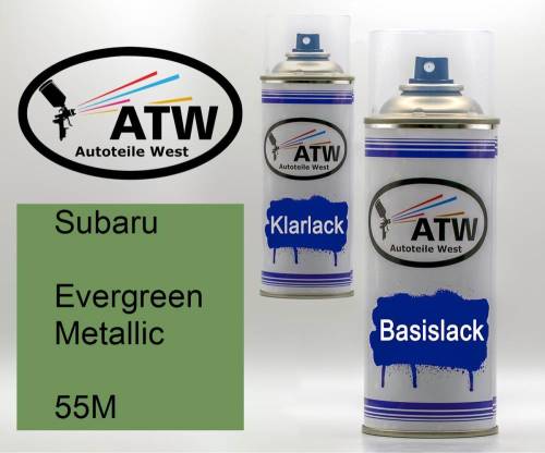 Subaru, Evergreen Metallic, 55M: 400ml Sprühdose + 400ml Klarlack - Set, von ATW Autoteile West.